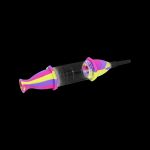 Pink and yellow silicone dab syringe with glass chamber.