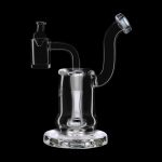 Clear glass dab rig with a bubbler base and bent neck, isolated on a black background.