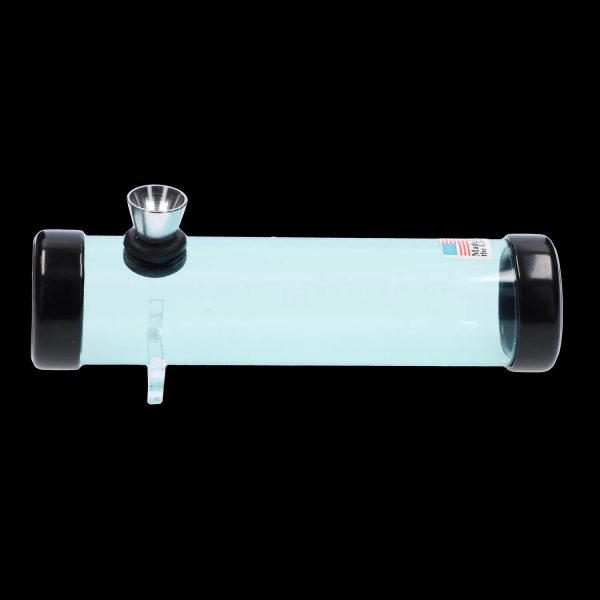 A side view of the 6-inch JM Plastics Simply Smokey Acrylic Steam Roller, showing its clear body and simple cylindrical shape.