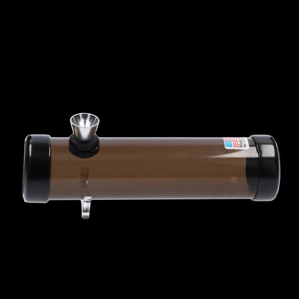 A side view of the 6-inch JM Plastics Simply Smokey acrylic steam roller, showing its clear, cylindrical shape.