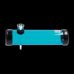 A side view of the 6-inch JM Plastics Simply Smokey acrylic steam roller, showcasing its clear, cylindrical shape.