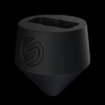 Black cannabis oil cartridge with a branded logo.