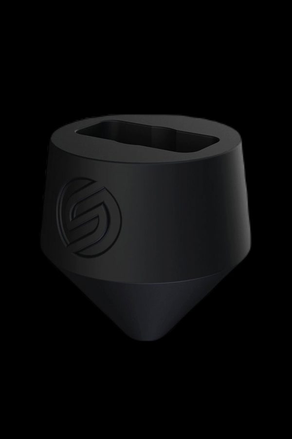 Black cannabis oil cartridge with a branded logo.