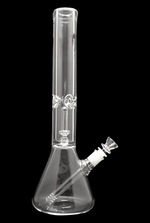 Clear glass bong with ice catcher and detachable downstem.