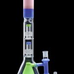 Blue and green glass bong with multiple percolators.