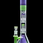 A vibrant green and purple glass bong with intricate percolators.