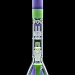 Green and purple glass bong with intricate percolators, isolated on a black background.