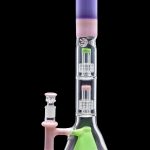 A colorful glass bong with multiple percolators, featuring pink, green, and purple hues, against a black background.