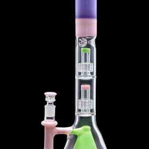 A colorful glass bong with multiple percolators, featuring pink, green, and purple hues, against a black background.