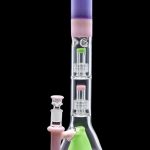 A colorful glass bong with a flared base and multiple percolators.