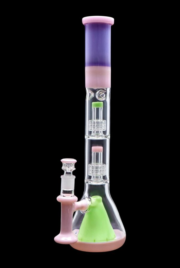 A colorful glass bong with a flared base and multiple percolators.