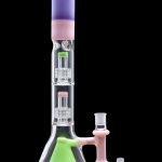 Pink and green glass bong with percolators, accompanied by a slide and bowl.