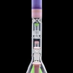 Pink and purple glass bong with multiple bubblers against a black background.