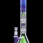 Purple and green glass bong with intricate percolators, isolated on a black background.