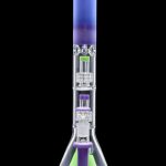 A colorful glass bong with a flared base and intricate percolators, set against a black background.