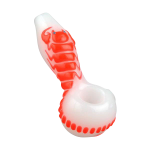 A side view of the Scorpion Glow in the Dark Spoon Pipe, showcasing its curved shape and dark glass finish.