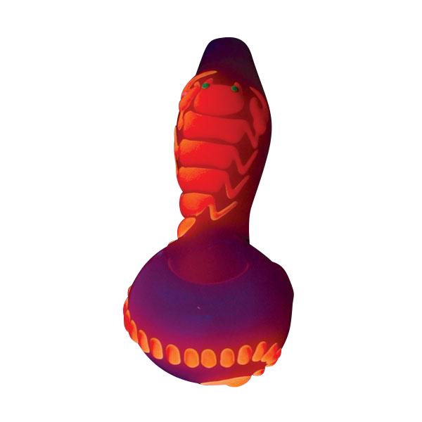 A close-up, angled view of the Scorpion Glow in the Dark Spoon Pipe, showing its dark, sculpted design.