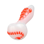 A side view of the Scorpion Glow in the Dark Spoon Pipe, showing its curved shape and dark, glossy finish.