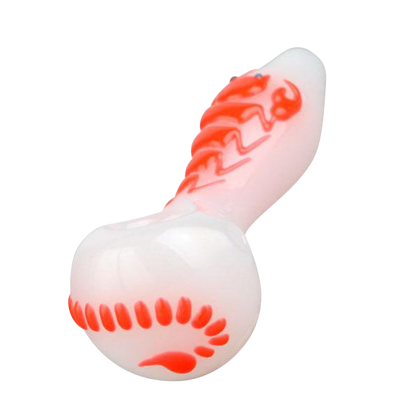 A side view of the Scorpion Glow in the Dark Spoon Pipe, showing its curved shape and dark, glossy finish.