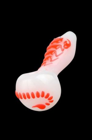 Front view of the Scorpion Glow in the Dark Spoon Pipe, showcasing its dark glass and curved design against a black background.