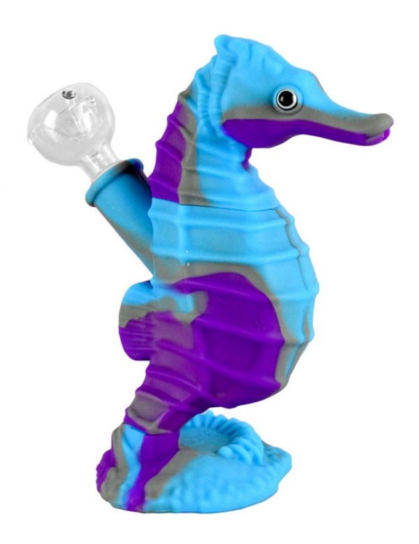 A sculpted, front view of the Premium Silicone Seahorse Molded Water Pipe, showing its blue and purple coloration.