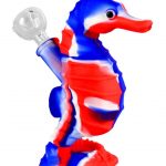 Front view of the Premium Silicone Seahorse Molded Water Pipe, showing the sculpted, blue and white design.