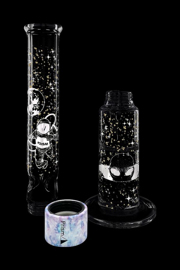 Glass bong with a colorful spiderweb design and a matching ash catcher, against a black background.