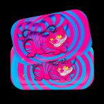 A vibrant, psychedelic patterned smell-proof bag featuring the Cheshire Cat from Alice in Wonderland.