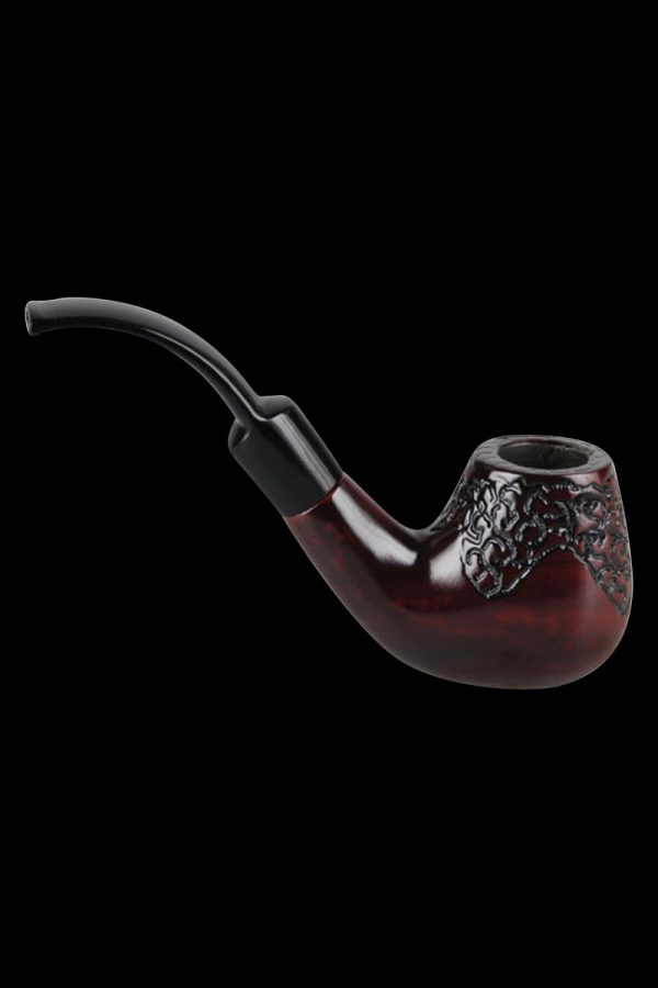 A side view of the Pulsar Engraved Bent Brandy, showcasing its curved shape and intricate detailing in a dark amber hue.