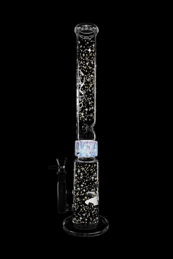 Glass water pipe (bong) with galaxy-themed design and separate glass bowl.