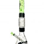 A vibrant green and clear glass water pipe (rig) with a star-filled design, featuring black perculators and a glass bowl.