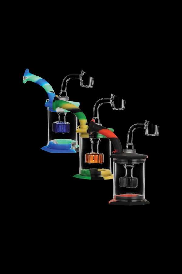 Front view of the Silicone & Glass Dab Rig Bubbler with Disc Perc, showcasing its clear glass construction and unique bubbler design.