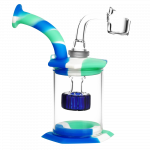 Front view of the Silicone & Glass Dab Rig Bubbler with Disc Perc, featuring a blue and clear glass build with a disc percolator.