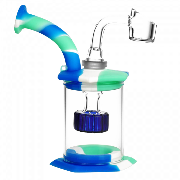 Front view of the Silicone & Glass Dab Rig Bubbler with Disc Perc, featuring a blue and clear glass build with a disc percolator.