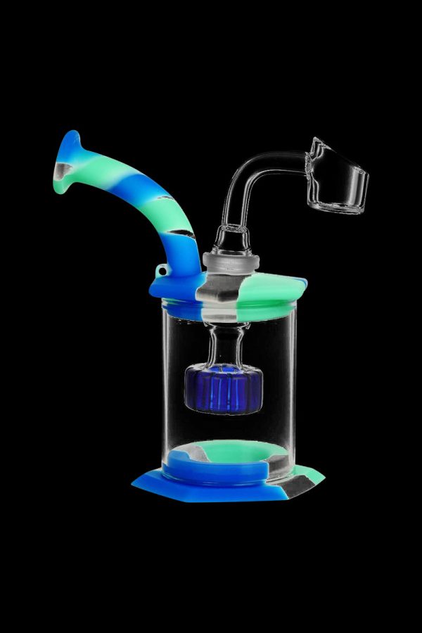 Front view of the Silicone & Glass Dab Rig Bubbler with Disc Perc, showcasing its blue glass and unique perc design.