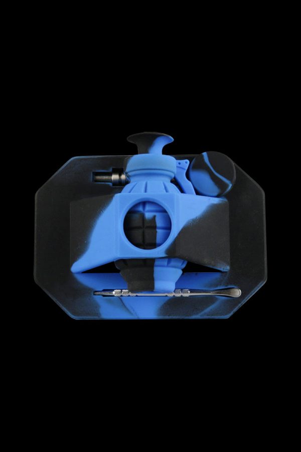 Front view of the Silicone "Dab Grenade" Vapor Straw Collector Kit inside a clear plastic container, highlighting its unique, grenade-like shape.