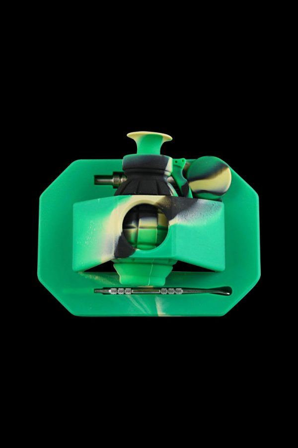 A front view of the Silicone "Dab Grenade" Vapor Straw Collector Kit, a black, grenade-shaped straw collector.