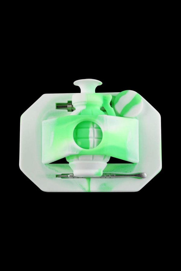 A close-up, angled view of the Silicone "Dab Grenade" Vapor Straw Collector Kit, showcasing its textured, green silicone construction.