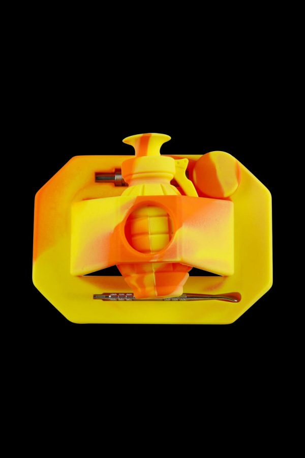 A close-up of the Silicone "Dab Grenade" Vapor Straw Collector Kit, showing its unique grenade-shaped design in a vibrant yellow hue.