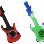 Front view of the Silicone Guitar Hand Pipe with Glass Bowl, showing a red and blue pipe shaped like a guitar.