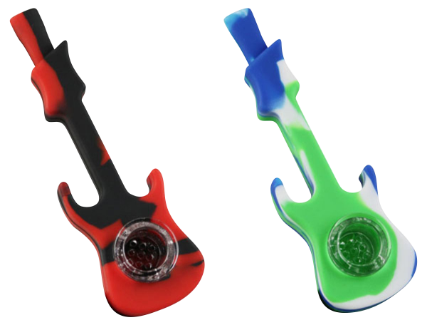 Front view of the Silicone Guitar Hand Pipe with Glass Bowl, showing a red and blue pipe shaped like a guitar.