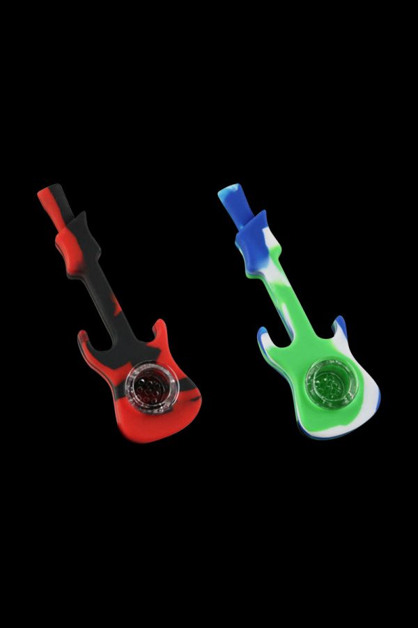A close-up shot of the Silicone Guitar Hand Pipe with Glass Bowl, featuring a colorful, guitar-shaped design.