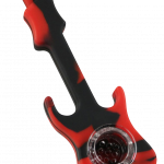 A close-up view of the Silicone Guitar Hand Pipe with Glass Bowl, showcasing its unique shape and textured red finish.