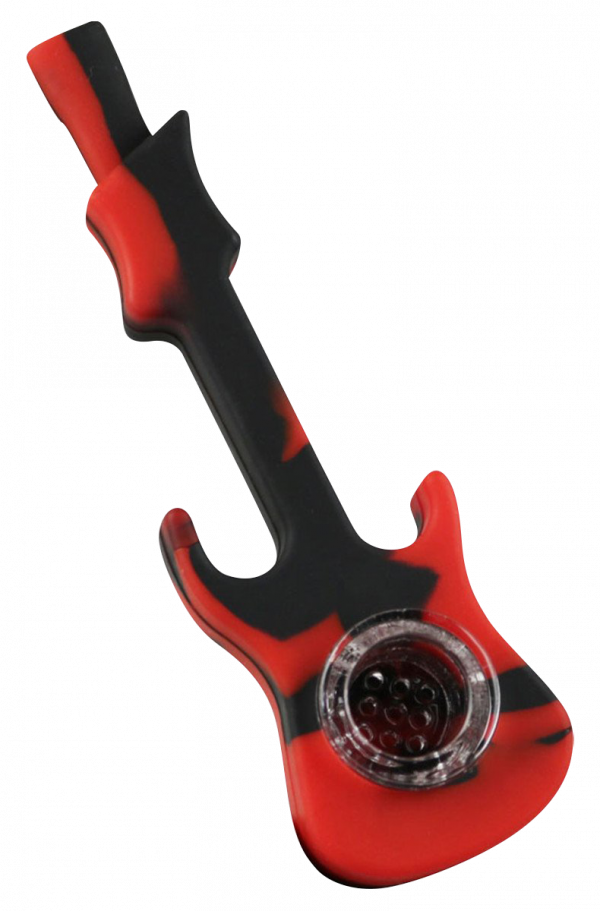 A close-up view of the Silicone Guitar Hand Pipe with Glass Bowl, showcasing its unique shape and textured red finish.