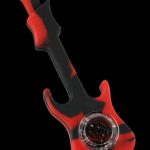 A close-up, angled view of the Silicone Guitar Hand Pipe with Glass Bowl, showcasing its dark and red color scheme.