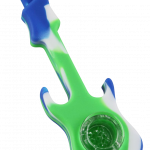 Front view of the Silicone Guitar Hand Pipe with Glass Bowl, featuring a blue and green design with a clear glass bowl.