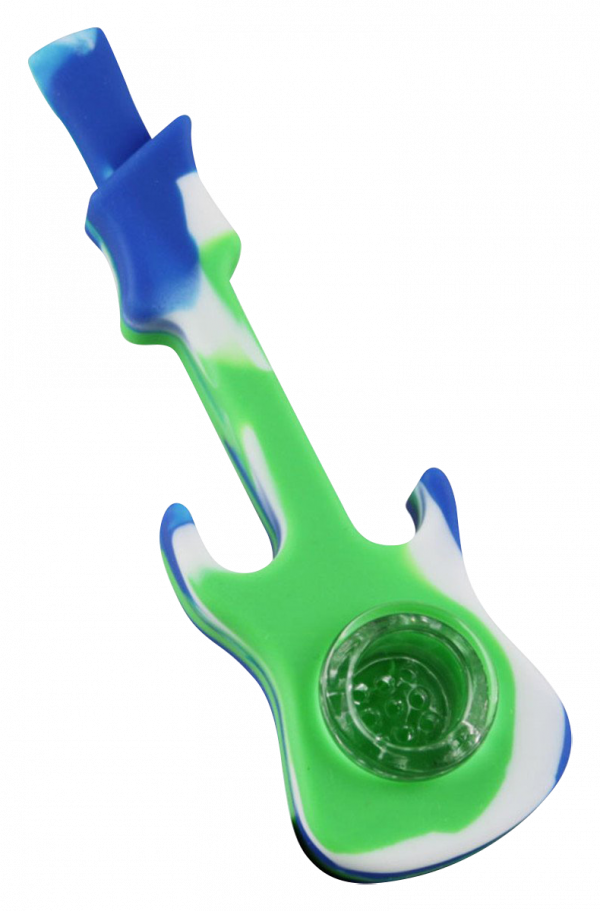 Front view of the Silicone Guitar Hand Pipe with Glass Bowl, featuring a blue and green design with a clear glass bowl.
