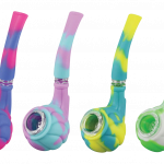 A front view of the Silicone Hand Pipe with Glass Bowl, showcasing its colorful, patterned design and compact size.