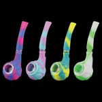 A front view of the Silicone Hand Pipe with Glass Bowl, featuring a colorful, patterned design and a visible glass bowl.