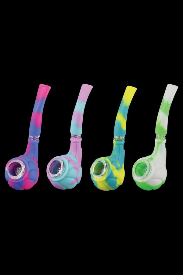 A front view of the Silicone Hand Pipe with Glass Bowl, featuring a colorful, patterned design and a visible glass bowl.